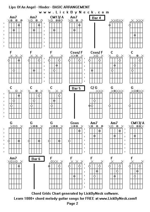 Chord Grids Chart of chord melody fingerstyle guitar song-Lips Of An Angel - Hinder - BASIC ARRANGEMENT,generated by LickByNeck software.